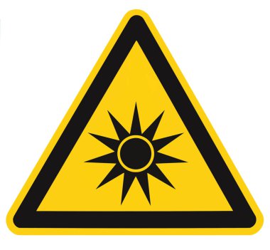 Optik radyasyon tehlikesi dikkat Emanet tehlikeyi uyarı metni işareti etiket etiket, yapay ışık demeti simgesi simgesi, izole Siyah üçgen sarı, büyük makro portre üzerinde