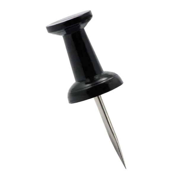 Pino de desenho preto do thumbtack do empurrão, fixação isolada do empurrão, conceito da indicação da posição, grande fechamento detalhado da macro — Fotografia de Stock