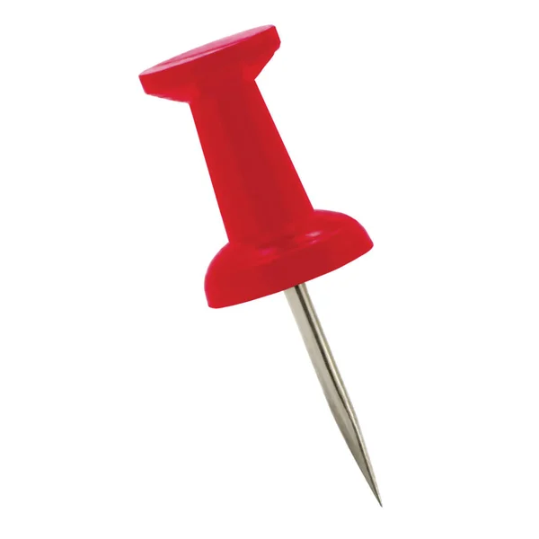 Pino de desenho vermelho do thumbtack do empurrão, fixação isolada do empurrão, conceito da indicação da posição, grande fechamento detalhado da macro — Fotografia de Stock