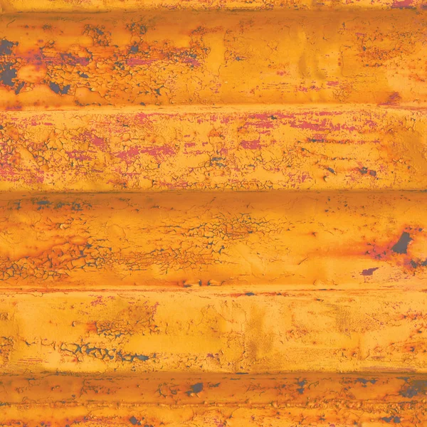 Yellow grunge sea freight container background, dark rusty corrugated pattern, red primer coating, horizontal rusted detailed steel texture, crakcked grungy metal paint detail, old aged weathered textured rust metallic copy space closeup — Stock Photo, Image