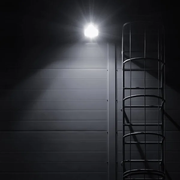 Fire emergency rescue access escape ladder stairway roof maintenance stairs night bright shining lantern lamp light illumination glow shadows rustic textured industrial building wall panels texture pattern large detailed vertical closeup copy space — Stock Photo, Image