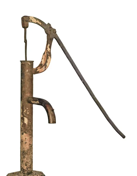 Old aged weathered rusty retro hand water pump, isolated vertical closeup, rust grunge metal, grungy yellow, brown — Stock Photo, Image