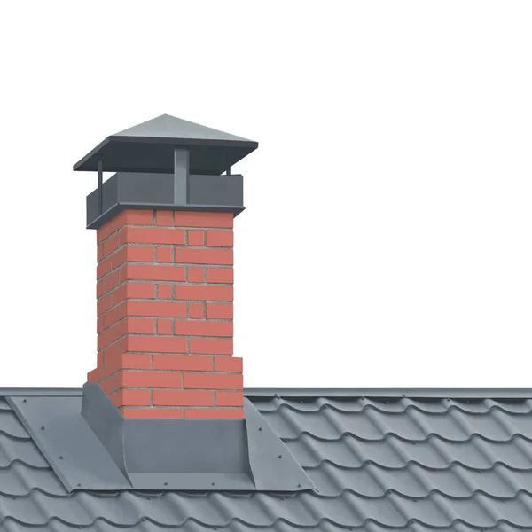 Red Brick Chimney, Grey Steel Tile Roof Texture, Isolated Tiled Roofing, Large Detailed Vertical Closeup, Modern Residential House Rooftop Tiles Detail Textured Pattern, Property Concept Real Estate Metaphor — стокове фото