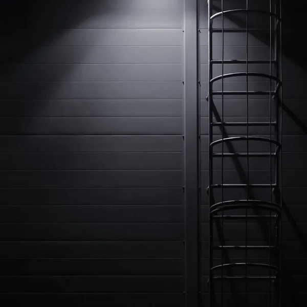 Fire emergency rescue access escape ladder stairway, roof maintenance stairs at night, bright shining lantern lamp light illumination glow shadows, rustic textured industrial building wall panels texture pattern, large detailed vertical closeup — Stock Photo, Image