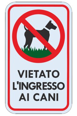 Hiçbir köpek İtalyan Vietato l 'ingresso ai cani yazısına izin vermez Uyarı işareti, izole edilmiş büyük detaylı yasaklama tabelası makro yakın çekim, dikey metal düzenleyici uyarı tahtası, kırmızı çerçeve, metal direk direği