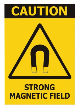 Güçlü Manyetik Alan Uyarı İşareti İzole Metin Etiketi, Tehlike Güvenliği Dikkat, Tehlike Riski Uyarı Konsepti, Sarı Dikey Yapışkan Yapıştırıcı Simgesi, Büyük Ayrıntılı Makro Kapatma