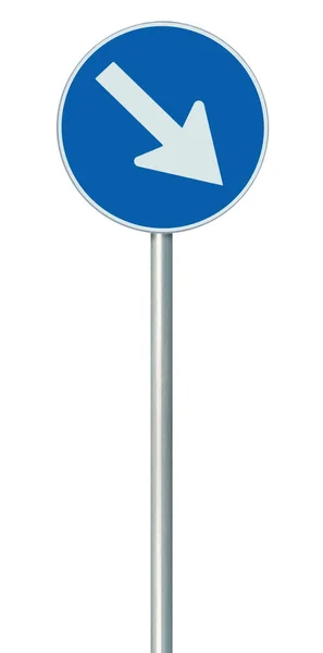 Mandatory keep right European Union EU road sign on pole post, large blue round isolated traffic lane route reroute roadside regulatory warning signage, white arrow, vertical closeup — Stock Photo, Image