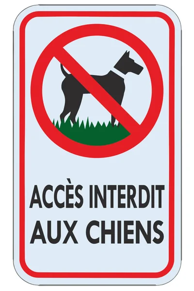 Žádní psi nejsou povoleni Francouzský Fr varování text sign, acces interdit aux chiens, izolované velké detailní zákaz značení makro detailní, vertikální kovové regulační vývěsní tabuli, červený rám, kovový sloup — Stock fotografie