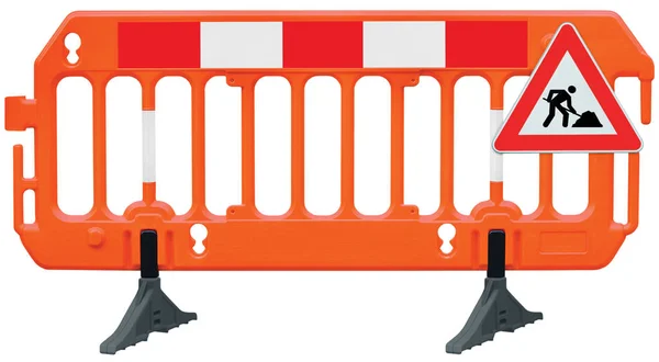 Obstacle detour barrier fence roadworks barricade, orange red and white luminescent stop signal, road works sign, seamless isolated closeup, horizontal traffic safety railing warning signage, large detailed temporary access reroute, brand new PVC — Stock Photo, Image