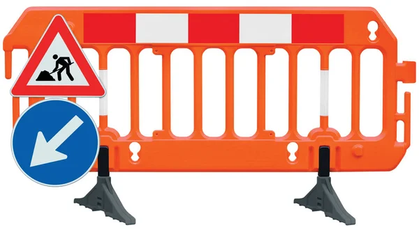 Obstacle detour barrier fence roadworks barricade, orange red and white luminescent stop signal, UK road works and mandatory keep left sign, seamless isolated closeup, horizontal traffic safety railing warning signage large detailed temporary access — Stock Photo, Image