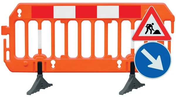 Οδικό οδόφραγμα φράκτη παρακώλυση παρακώλυση φράκτη, πορτοκαλί κόκκινο και λευκό φωτίζον σήμα σταματήσει οδικά έργα και υποχρεωτική κρατήσει δεξιά υπογράψει απρόσκοπτη απομονωμένη closeup οριζόντια σηματοδότηση προειδοποίησης για την ασφάλεια της κυκλοφορίας railing μεγάλη λεπτομερής προσωρινή διαδρομή πρόσβασης Royalty Free Εικόνες Αρχείου