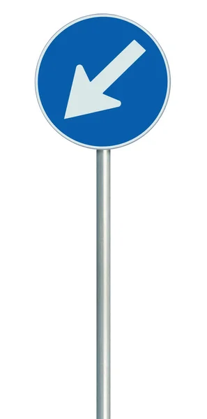 Mandatory keep left United Kingdom UK road sign on pole post, large blue round isolated traffic lane route reroute roadside regulatory warning signage, white arrow, vertical closeup — Stock Photo, Image