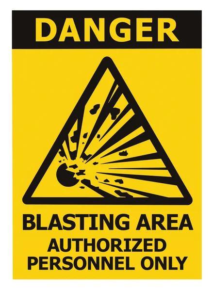 危险区 爆破区 授权人员仅限文字 危险区警示标志标识 爆破图标标牌 孤立黄色背景上的黑色三角形 大型宏闭合 — 图库照片