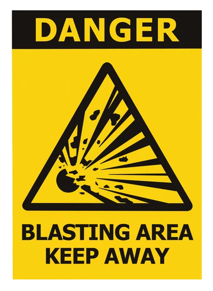 爆破区域 远离文字 危险危险区域警告标志标签 爆炸图标标牌 孤立的黄色背景上的黑色三角形 大型宏闭合 — 图库照片