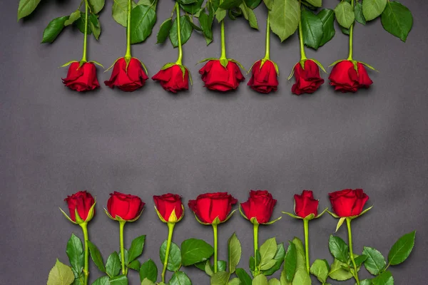 Border made of fresh red rose flowers on black background. Floral composition, greeting card for holiday event. Love, romance or Valentine\'s day concept. Flat lay, top view, mock up