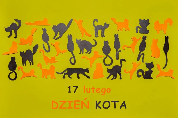 Feliz Día del Gato en Polonia. Siluetas de gato divertidas negras y naranjas sobre fondo verde claro. Disposición festiva para vacaciones felinas, texto en polaco 17 FEBRERO DÍA DEL CAT. Piso tendido, vista superior — Foto de Stock