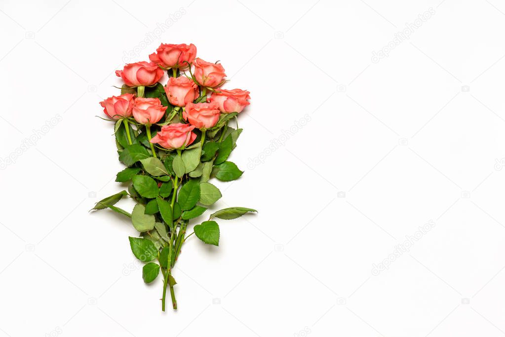 Bouquet of fresh pink roses on white background. Beautiful floral greeting card for Valentine's, women's or mother's day. Mock up, flat lay, top view, copy space.