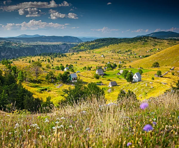 Pěkná Vesnice Dřevěnými Domy Horách Černé Hory — Stock fotografie