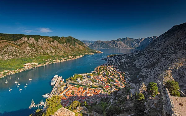 Kotor Montenegro August 2019 Вид Затоці Котор Середньовічним Замком Кораблями — стокове фото