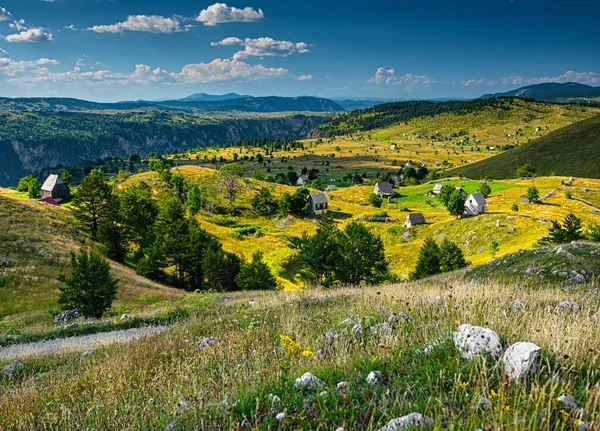 Гарне Село Дерев Яними Будинками Горах Чорногорії — стокове фото