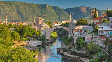 MOSTAR, BOSNIA HERCEGOVINA: View on the medieval bridge of Mostar on 11 August, 2019.