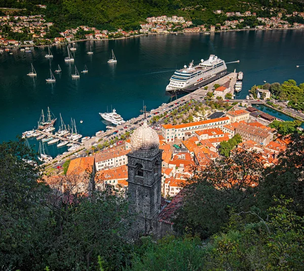 Kotor Monenegro 2019 中世の城と船とコトル湾での眺め — ストック写真