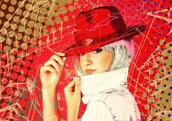 Woman in red hat .Comic book style imitation — Stock Photo, Image