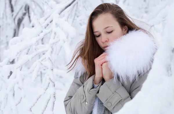 Krásná dívka v zimní přírodě. Vánoční. — Stock fotografie