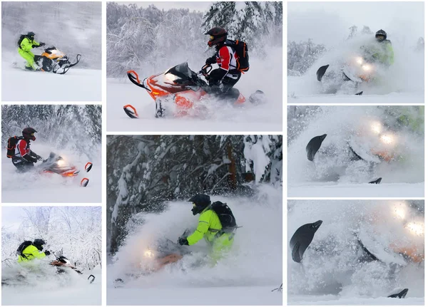 Collage con atleta en una moto de nieve en movimiento —  Fotos de Stock