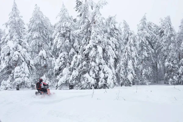 Inverno finlandês snowy lanscape com estrada e snowmobile — Fotografia de Stock