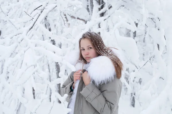 Krásná mladá dívka v zimním lese — Stock fotografie