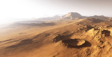 Mars 'ta toz fırtınası. Mars 'ta gün batımı. Kraterlerle kaplı Mars manzarası