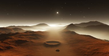 Mars 'ta toz fırtınası. Mars 'ta gün batımı. Kraterlerle kaplı Mars manzarası