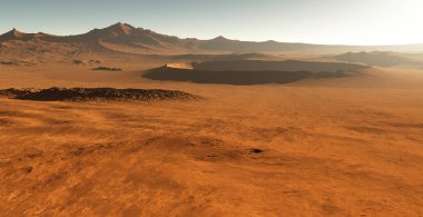 Mars 'ta toz fırtınası. Mars 'ta gün batımı. Kraterlerle kaplı Mars manzarası
