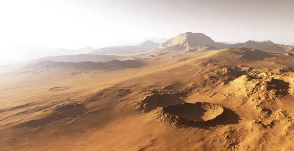 火星上的沙尘暴火星上的日落。有陨石坑的火星景观 — 图库照片