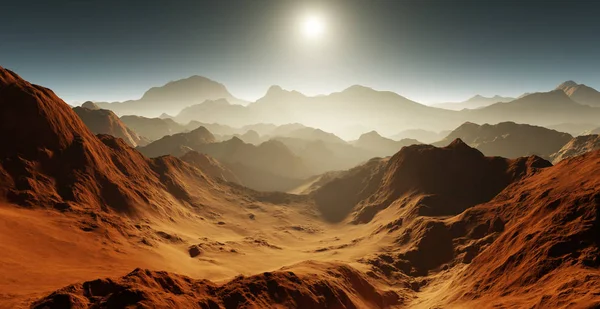 Prachová bouře na Marsu. Západ slunce na Marsu. Marťanská krajina s krátery — Stock fotografie