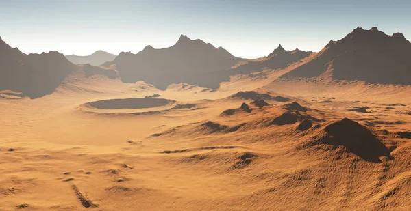 火星上的沙尘暴火星上的日落。有陨石坑的火星景观 — 图库照片