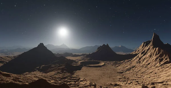 Stoftstorm på Mars. Solnedgång på Mars. Marsiansk landskap med kratrar — Stockfoto