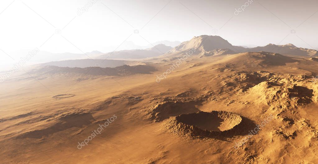 Dust storm on Mars. Sunset on Mars. Martian landscape with craters