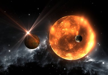 Güneş dışı gezegenler dizini veya exoplanets ve kırmızı cüce ya da kırmızı üstdev. 3D çizim
