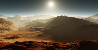 Mars toz fırtınası. Mars'ta günbatımı. Mars peyzaj. 3D render