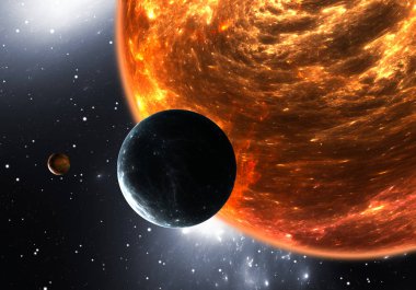 Güneş dışı gezegenler dizini veya exoplanets ve kırmızı cüce ya da kırmızı üstdev. 3D çizim