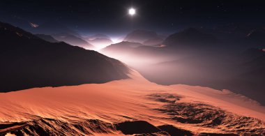 Mars'ta günbatımı. Mars dağlar, vadiden görüntüleyin. 3D çizim