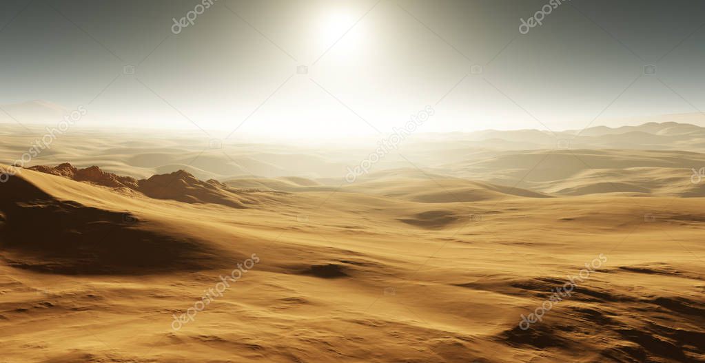 Sand dunes on Mars. Sunset on Mars. Martian landscape with sand dunes