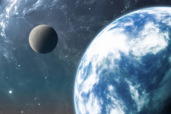 Terra como planeta ou planeta Extrasolar com lua. Ilustração 3D — Fotografia de Stock