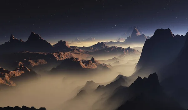 Tempesta di polvere su Marte. Tramonto paesaggio marziano e cielo notturno con stelle. Illustrazione 3D — Foto Stock