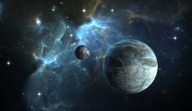 Güneş dışı gezegen. Arka plan Bulutsusu Ay'da gezegenle taş.