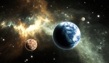 Güneş dışı gezegen. Dünya benzeri exoplanet üzerinde arka plan Bulutsusu.