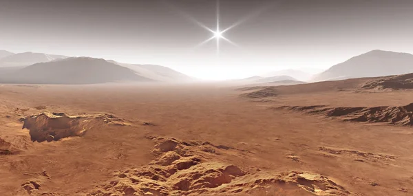 Tramonto su Marte. Paesaggio marziano con dune di sabbia. Illustrazione 3D — Foto Stock