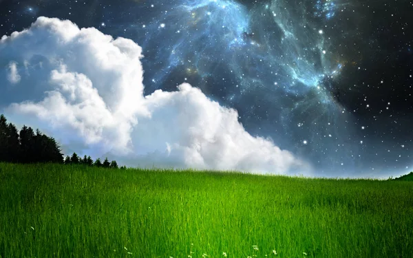 Fantasia paisagem estrelada noite com nebulosa. Ilustração — Fotografia de Stock